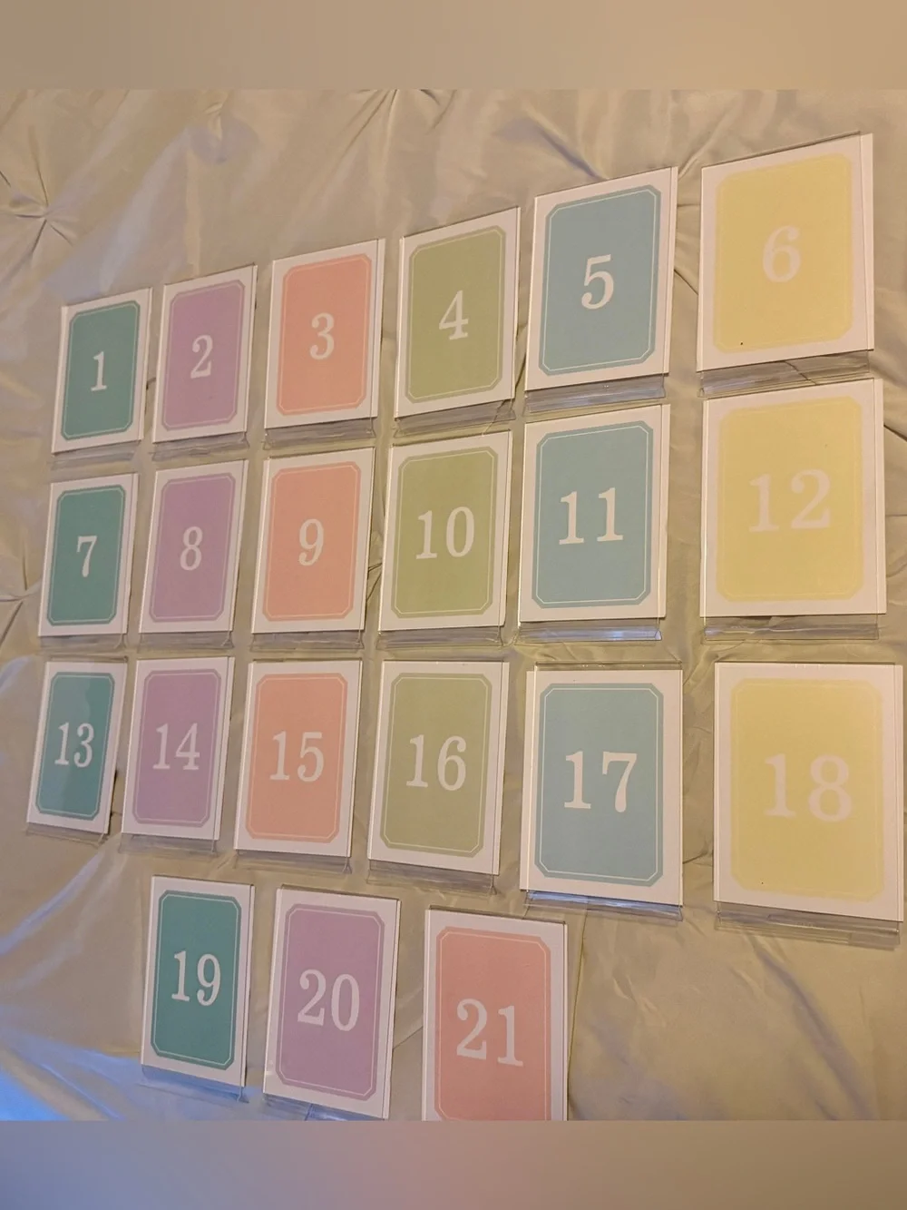 Set of 21 Numbered Pastel Cards - Mint, Lavender, Peach, Sage, Yellow